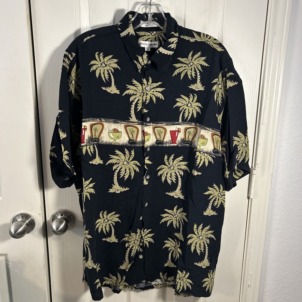 Pierre Cardin‎ Men's L Black  Hawaiian Drinks Rayon Short Sleeve Button-Up Shirt